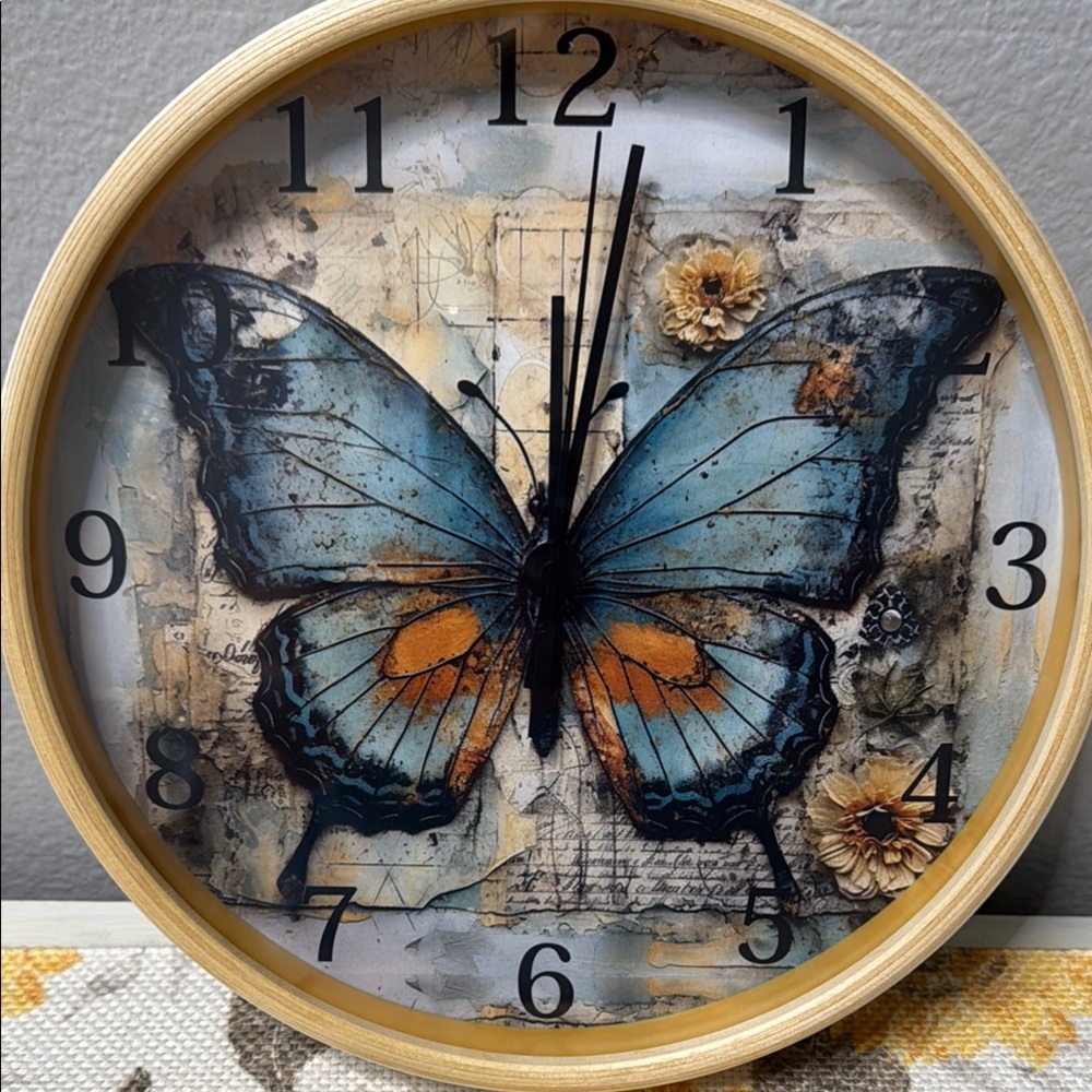 Butterfly Wall Clock with Blue and Orange Accents